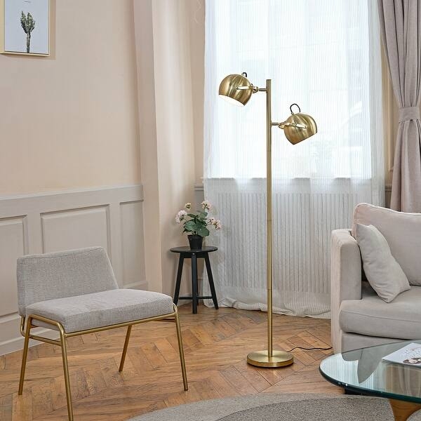 Floor Lamp Dual Adjustable Heads Cone Shade Silhouette Matte Brass MCM