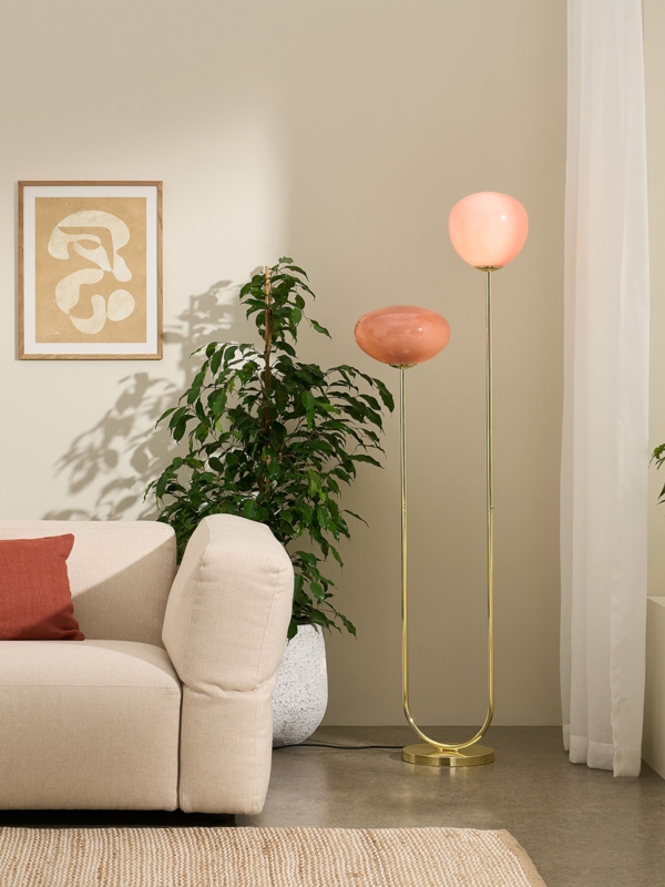 Floor Lamp Dual Glass Globes Brass Stem Contemporary Style
