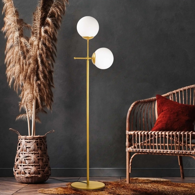 Floor Lamp Dual Head Gold Varnish Finish Circular Frosted Shades