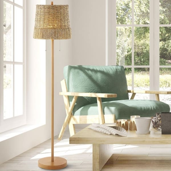 Floor Lamp Dual Light Woven Rattan Shades Four Legged Base