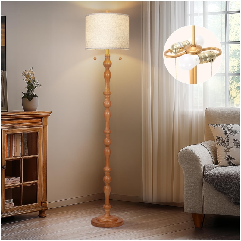 Floor Lamp Dual Pull Chains Farmhouse Wood Base Linen Shade Styling