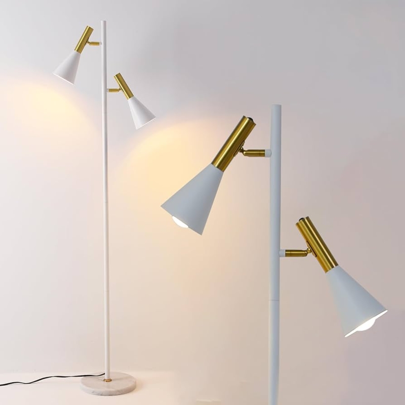 Floor Lamp Dual White Shades Gold Tree Design Stone Base