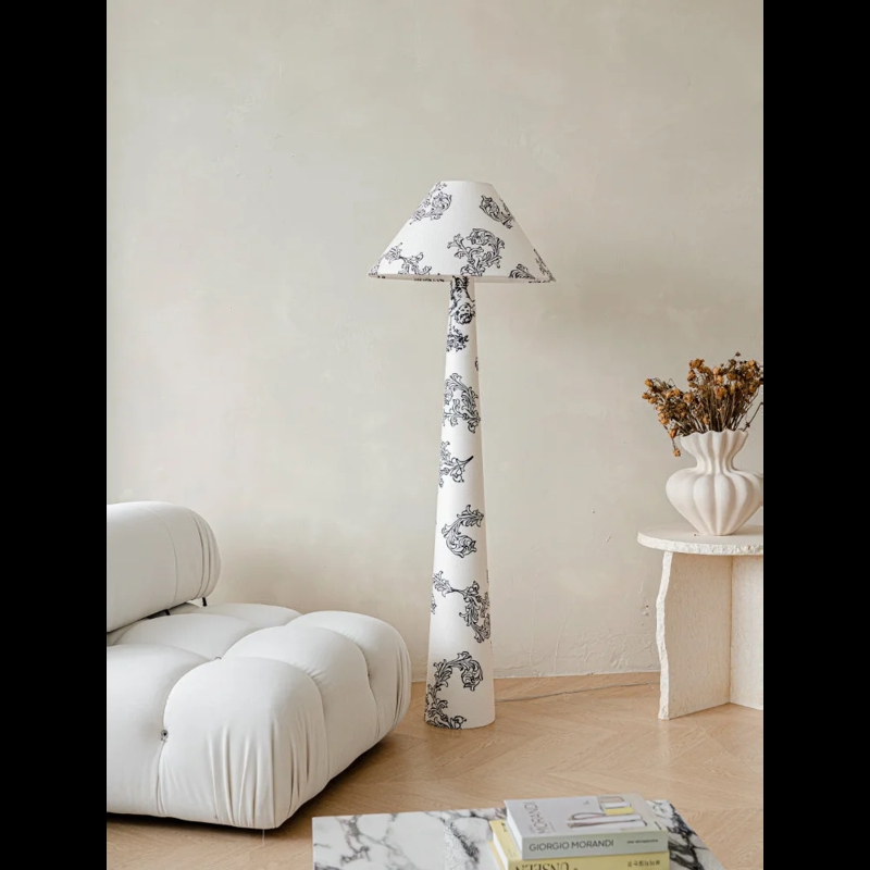 Floor Lamp: Eclectic Floral Patterned Cone Shade Dark Bronze Stand