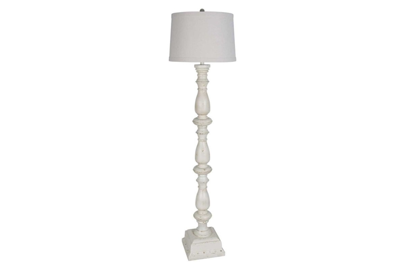 Floor Lamp: Farmhouse Natural Wood Spindle Base with Linen Shade
