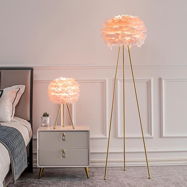 Floor Lamp Feather Shade Tripod Base Polished Gold