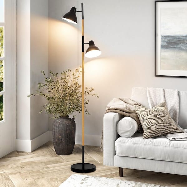 Floor Lamp featuring Wood Grain Pole and Adjustable Horn-Shaped Shades
