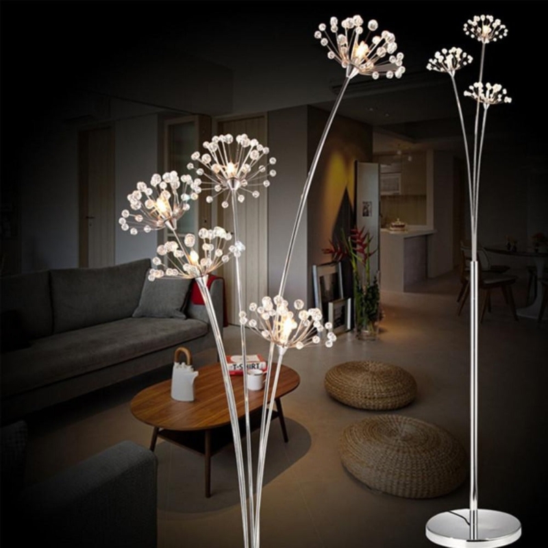 Floor Lamp Five Arched Arms Crystal Shades All White Frame Modern