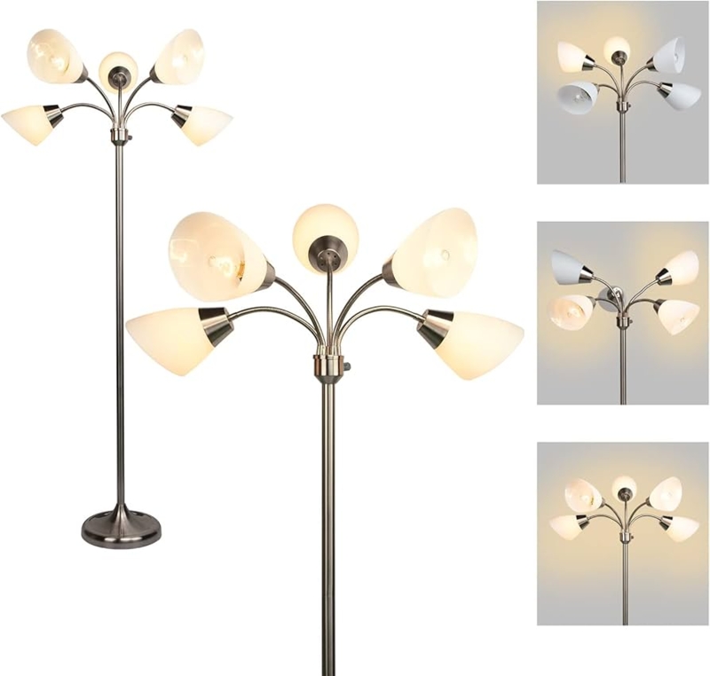 Floor Lamp Five Head Arched Sand Nickel Adjustable Arms White Shades