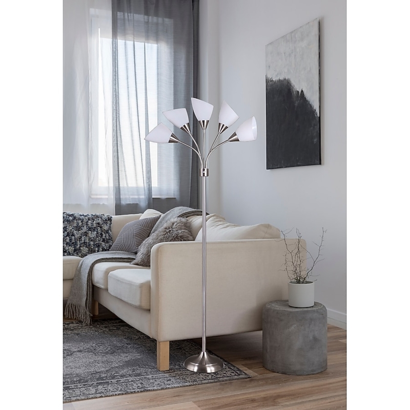 Floor Lamp Five Light Tree Brushed Steel Adjustable Gooseneck Heads