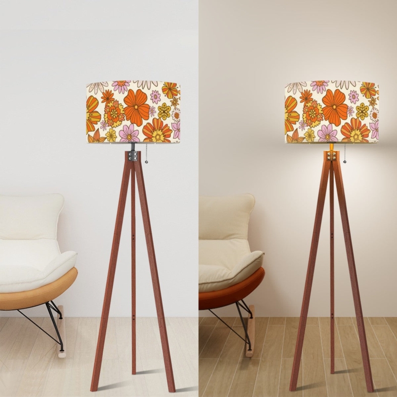 Floor Lamp Floral Drum Shade Tripod Silhouette Mid Century Bohemian