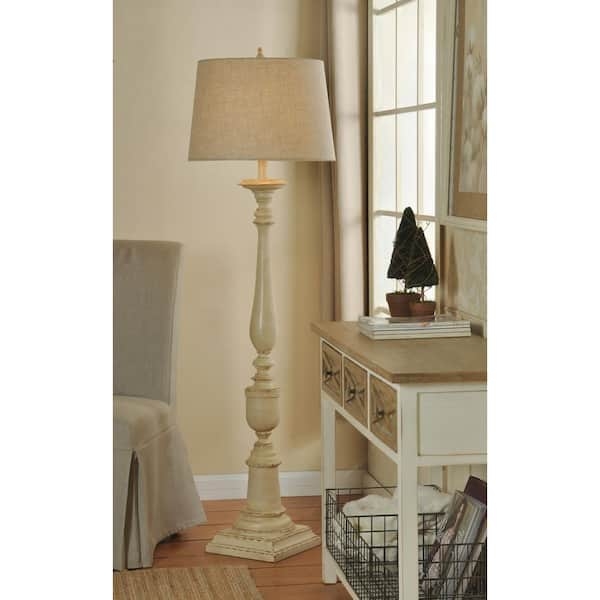 Floor Lamp: French Country Distressed Turned Base with Oatmeal Shade