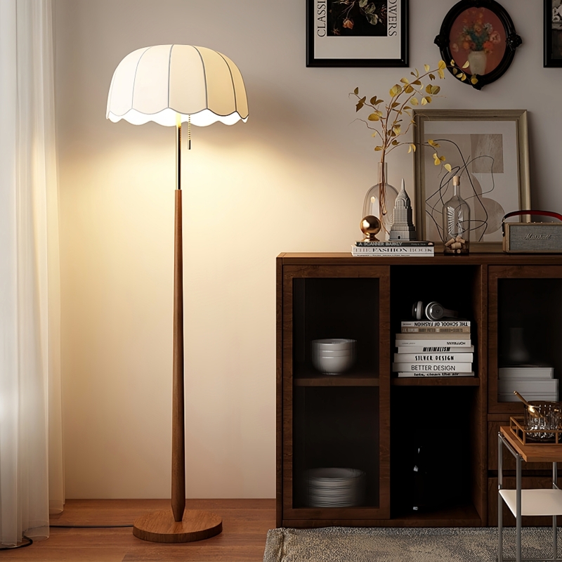 Floor Lamp French Retro Style Pleated Shade Slender Black Metal