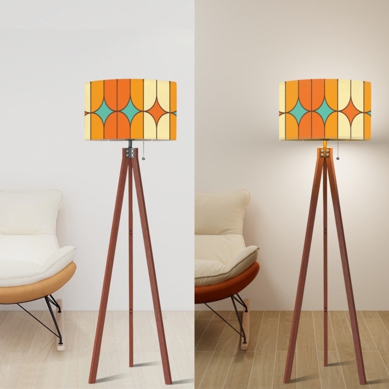 Floor Lamp Geometric Pattern Tripod Base Teal Orange Mid Century Mod