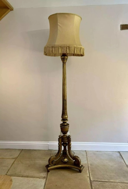 Floor Lamp Gilded Carved Victorian Fringed Shade Tripod Base