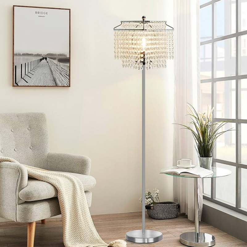 Floor Lamp Glam Crystal Beaded Double Layer Shade Polished Silver