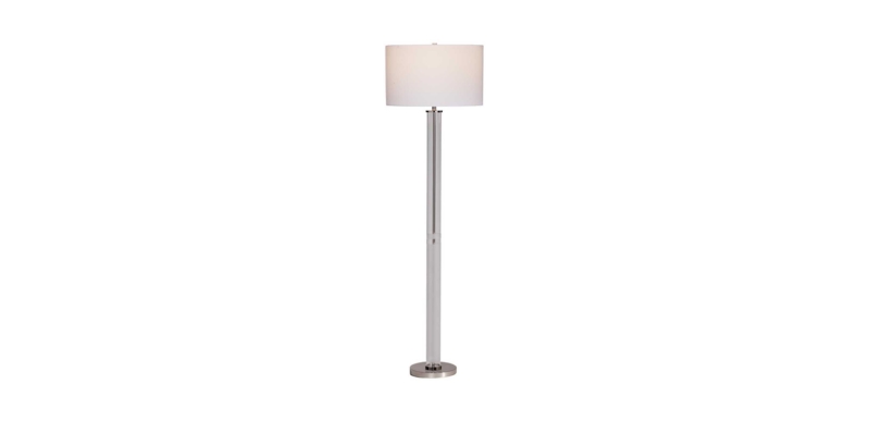 Floor Lamp Glass Stem Gray Leather Wrapped Accents Drum Shade