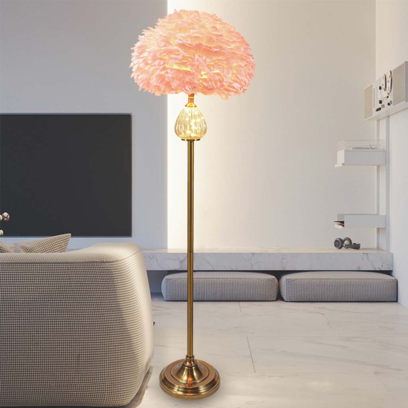 Floor Lamp Glass Teardrop Base Fluffy Feather Shade Glam Style