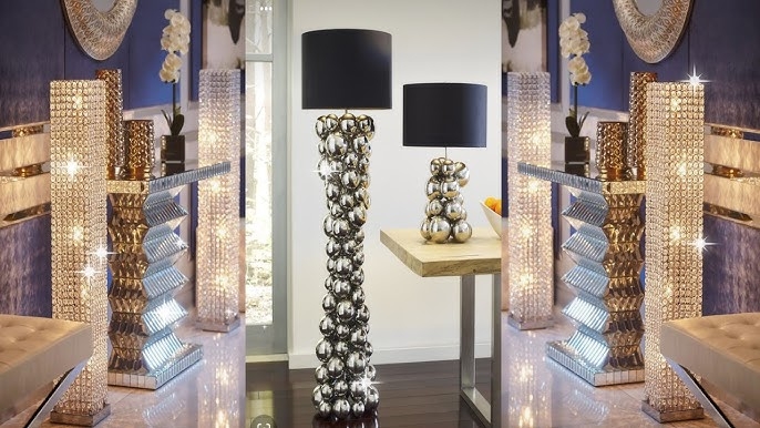 Floor Lamp Glitter Base Faceted Crystal Column White Drum Shade Glam