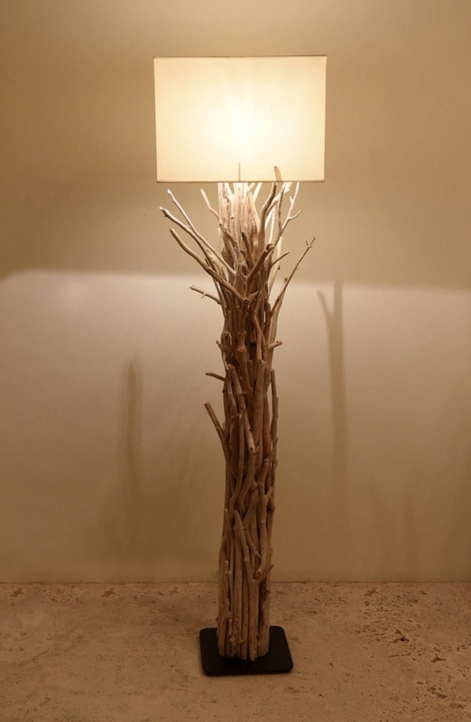 Floor Lamp Gnarled Driftwood Branch Base Tapered Shade Rustic Coastal