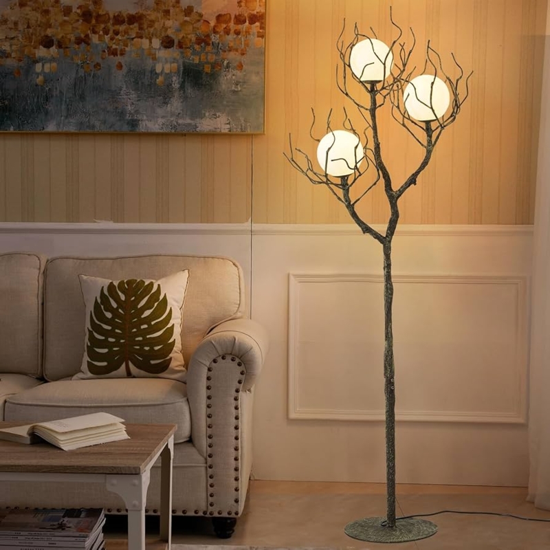 Floor Lamp Gnarled Wood Texture, Globe Shades Sculptural