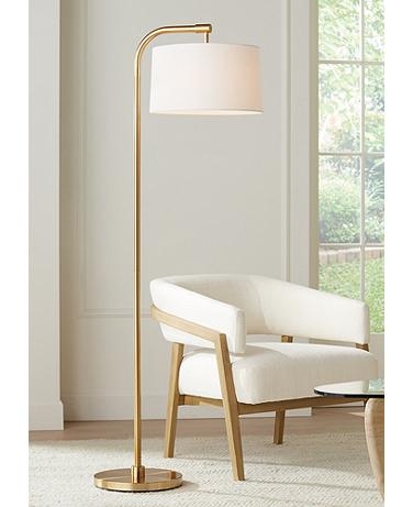 Floor Lamp Gold Arc Lighting Offset Arm White Drum Shade Warm Finish