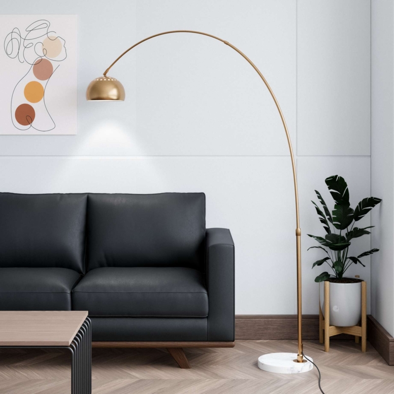 Floor Lamp Gold Arched Arm Marble Base Dome Shade Mid-Century