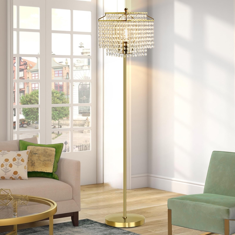 Floor Lamp Gold Finish Double Layer Shade Crystal Accents Modern