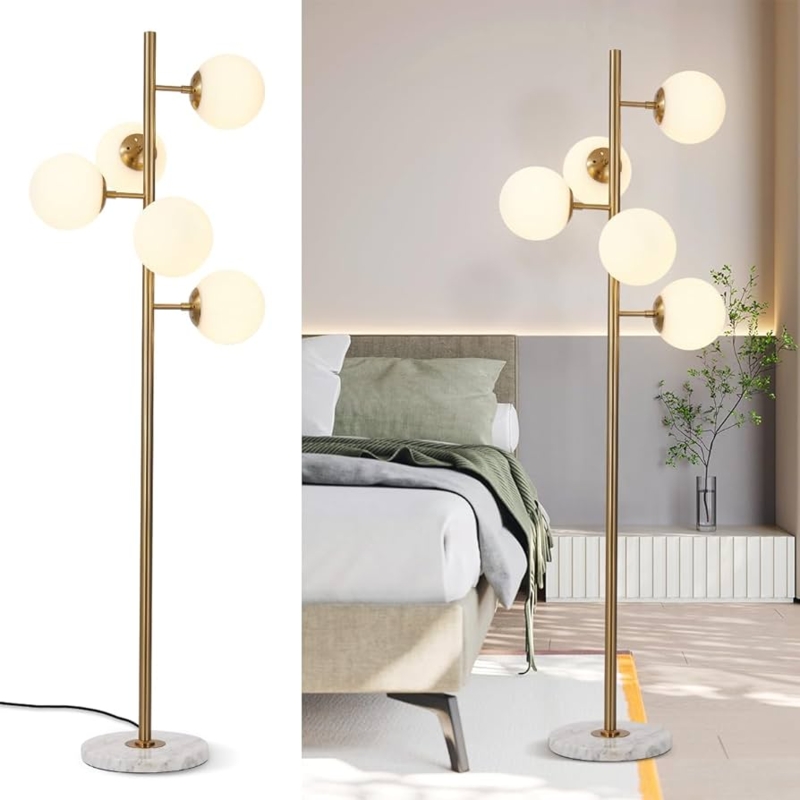 Floor Lamp Gold Finish Staggered Frosted Glass Globes Slim Pole