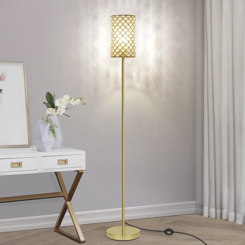 Floor Lamp Gold Metallic Finish Crystal Beaded Shade Sophisticated Luxury