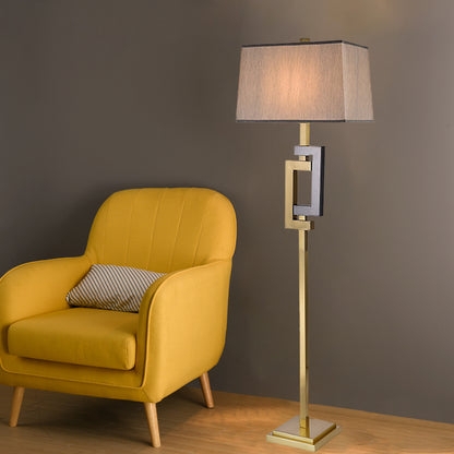 Floor Lamp Gold Open Rectangular Base Brown Fabric Shade Modern Glam