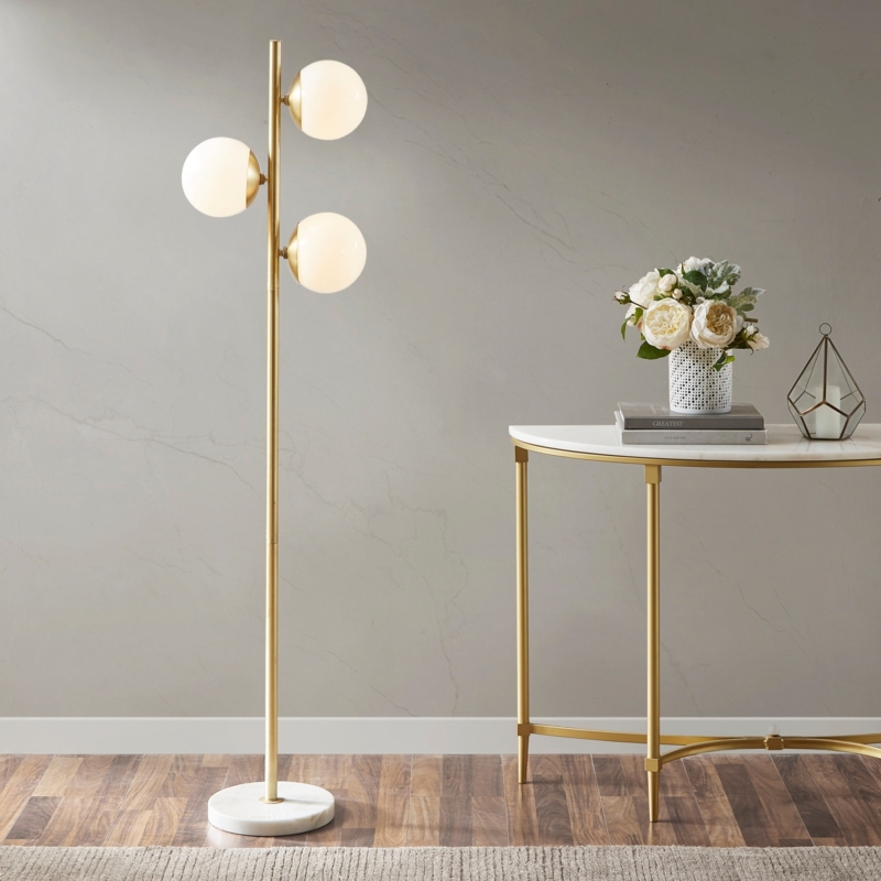 Floor Lamp Gold Polished Three Staggered Globes White Marble Base