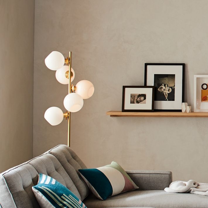 Floor Lamp Gold Toned Stem Staggered Glass Globes Mid-Century