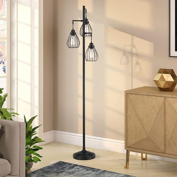 Floor Lamp Hanging Cage Shades, Matte Black Industrial