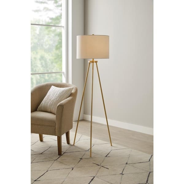 Floor Lamp in Satin Gold Metallic Finish with White Fabric Drum Shade