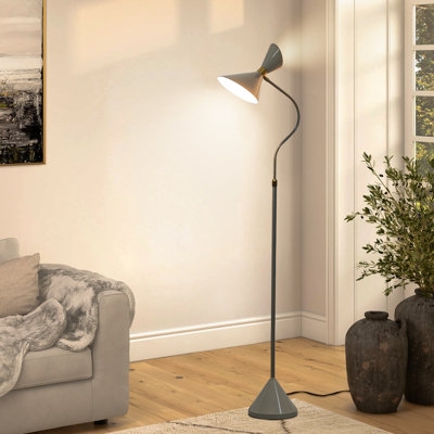Floor Lamp Industrial Black Metal Dual Gooseneck Heads Shelf Base