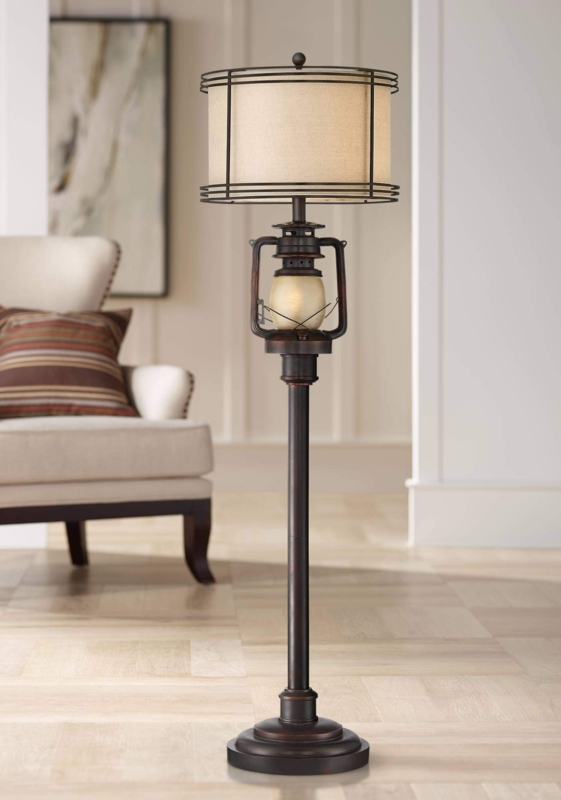 Floor Lamp Industrial Bronze with Night Light and Drum Shade