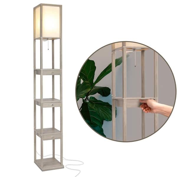 Floor Lamp Integrated Drawers Rustic Wood Toned Shelf Storage Lamp