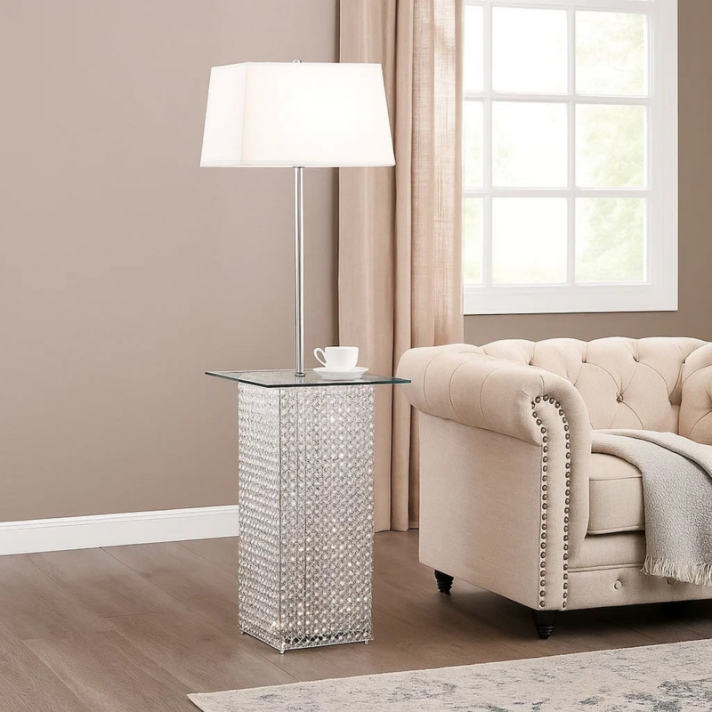 Floor Lamp Integrated Glass Tray Table Faceted Crystal Stem Polished
