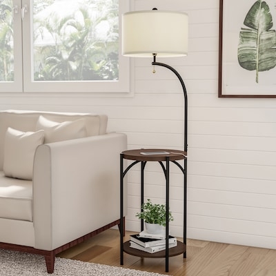 Floor Lamp Integrated Table Wood Tray Matte Black Space Saving Design