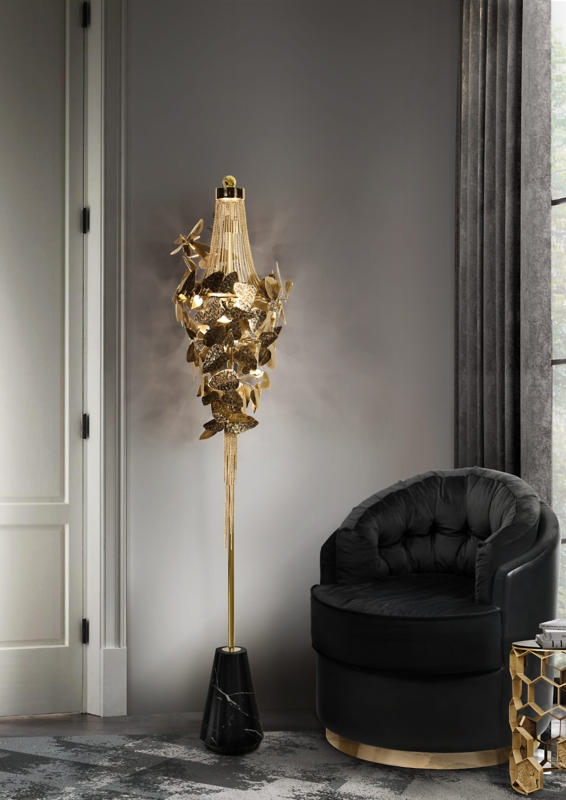 Floor Lamp: Intricate Floral Shade, Luxury Gold Finish for Statement Lighting