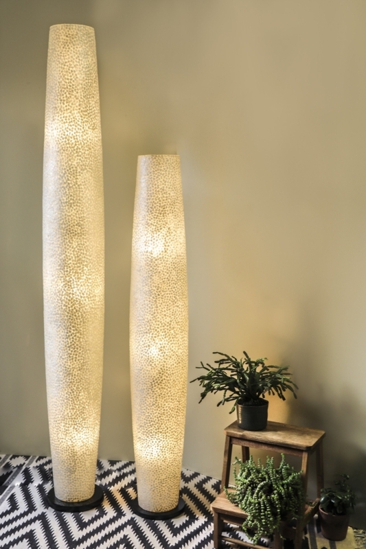 Floor Lamp: Iridescent Mother of Pearl Column, Coastal Bohemian Style