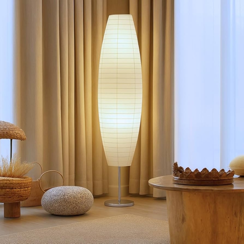 Floor Lamp: Japandi Style Lantern Silhouette, Black Tripod Base.