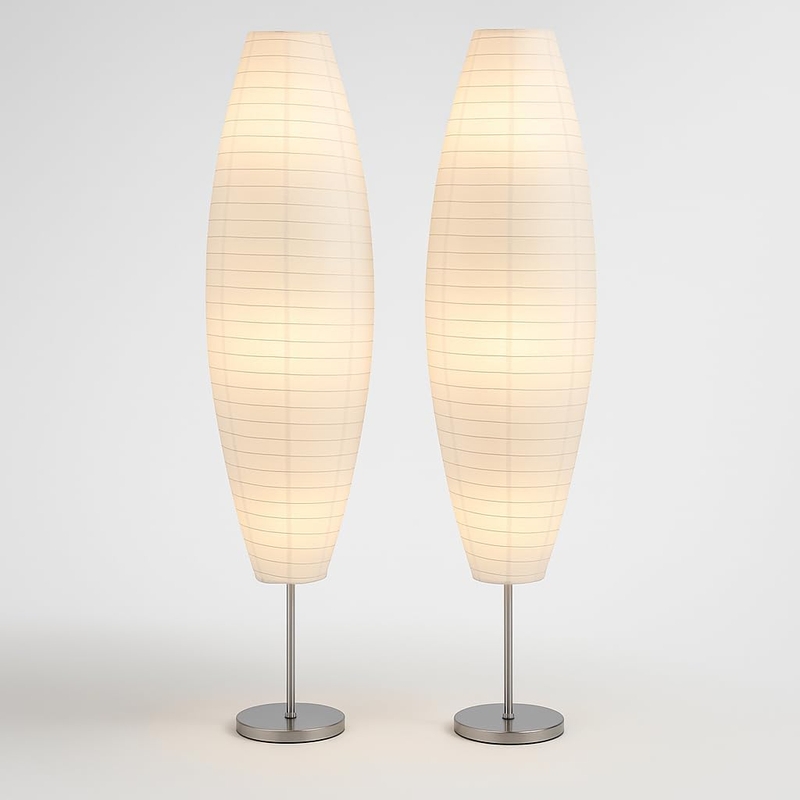 Floor Lamp: Japanese Style Columnar Shade, Slim Black Tripod Base.