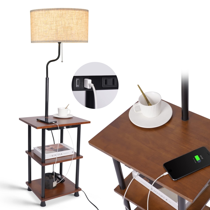 Floor Lamp Light Rubber Wood Tripod Base Integrated Table USB