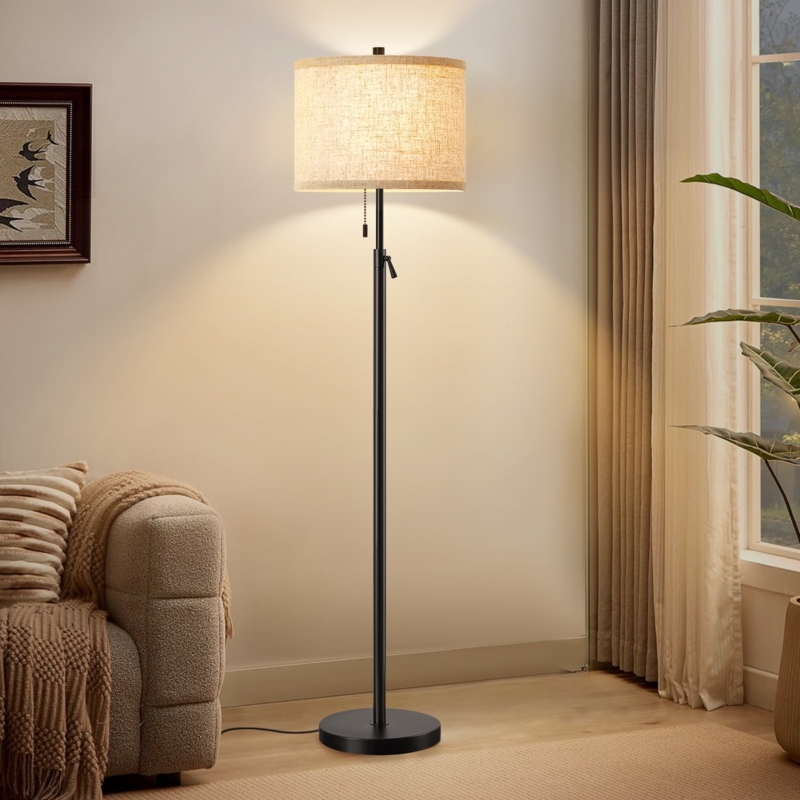 Floor Lamp Marble Base Adjustable Height Black Finish with Pull Chain