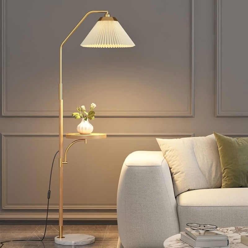 Floor Lamp Marble Base Integrated Tray Pleated Shade Elegant Cozy