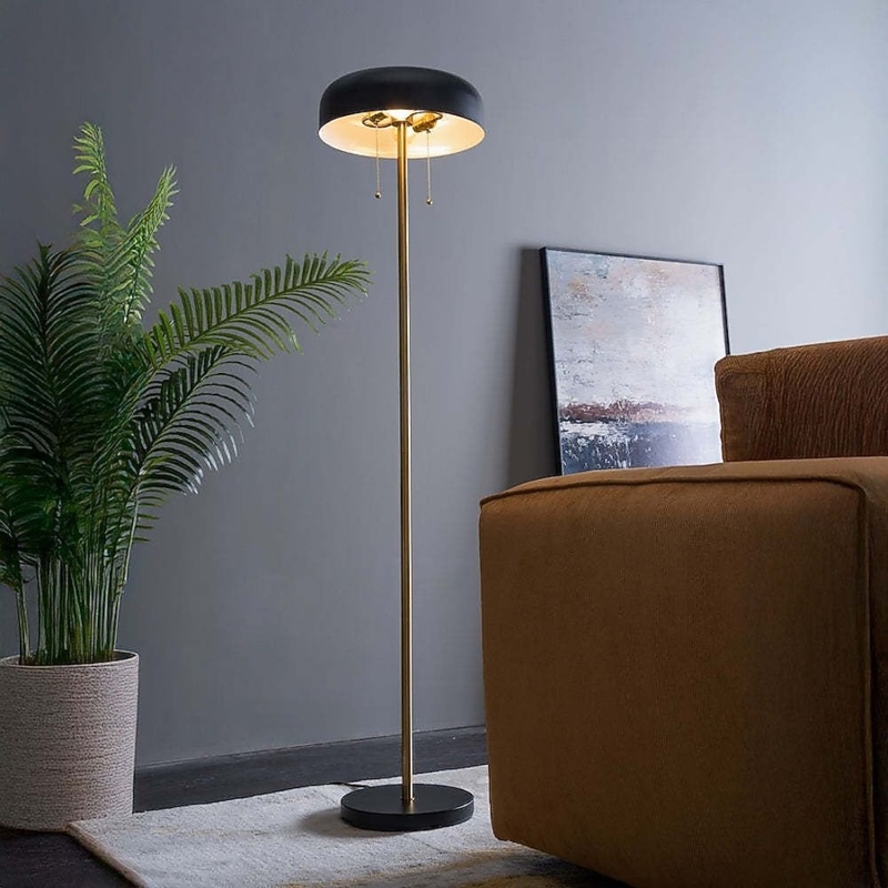 Floor Lamp Matte Black Cantilevered Arm Drum Shade Minimalist Decor