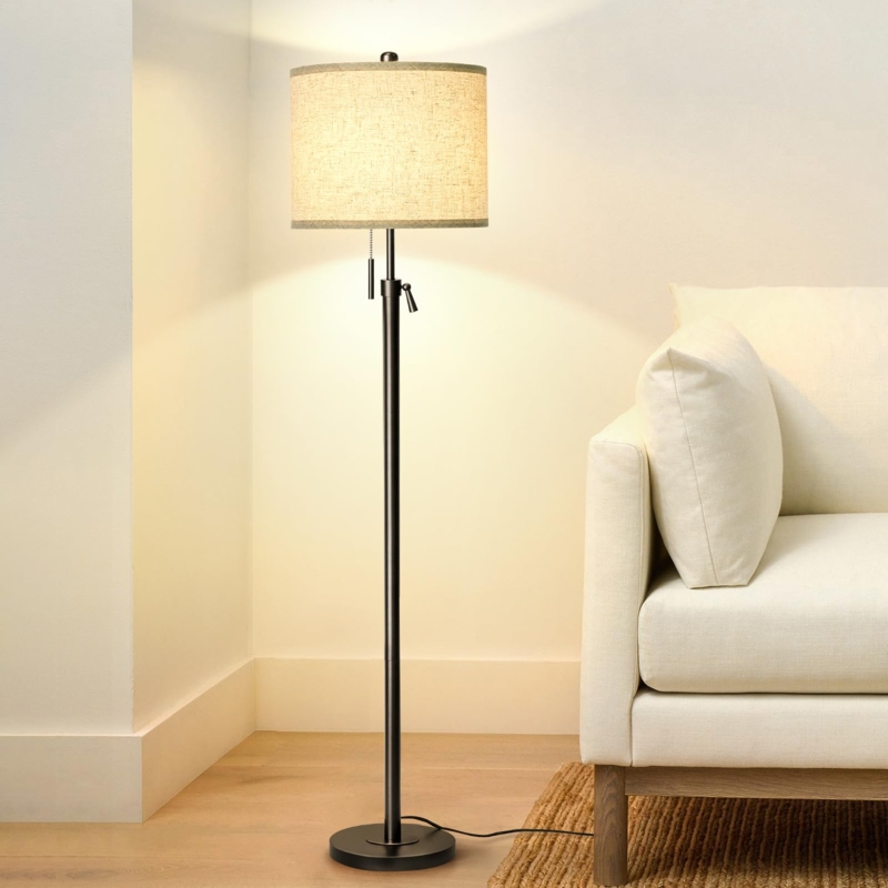 Floor Lamp Matte Black Finish Linen Drum Shade with Pull Chain Switch
