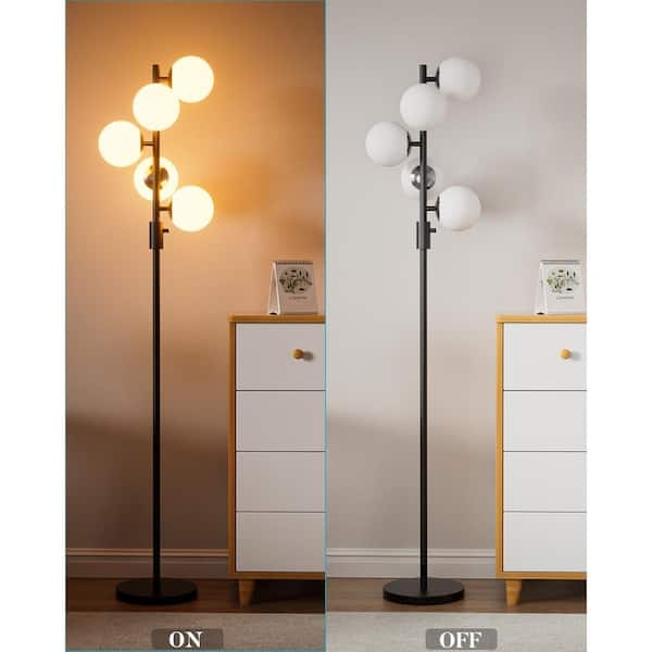 Floor Lamp Matte Black Frosted Spherical Shades Five Light