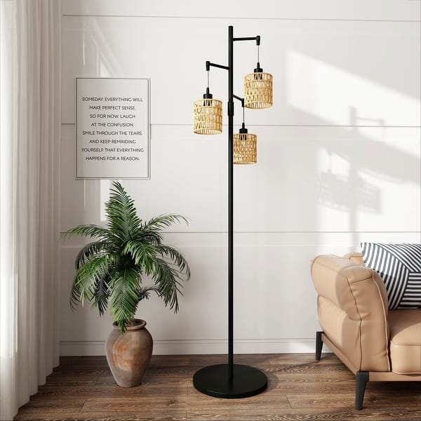 Floor Lamp Matte Black Metal with Tiered Woven Rattan Shades Organic